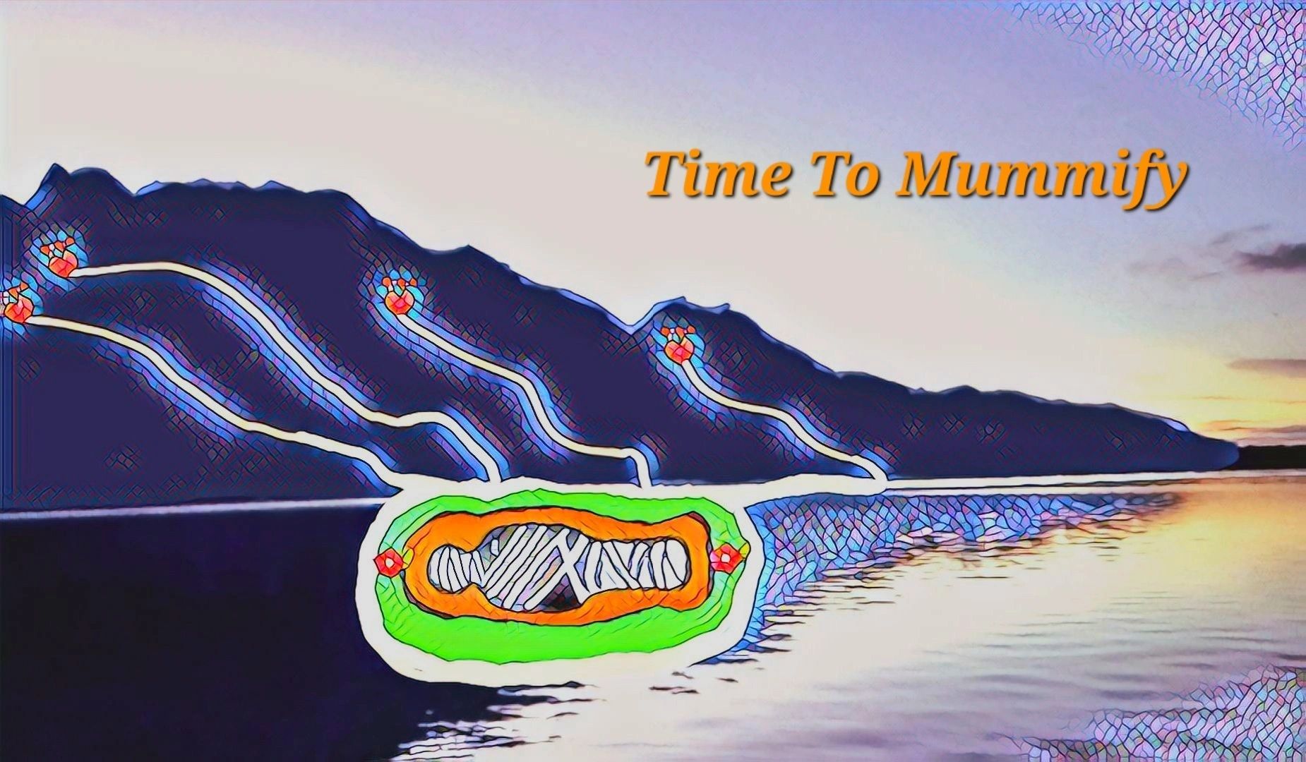 Time To Mummify illustrated mountain and ceremonial scene